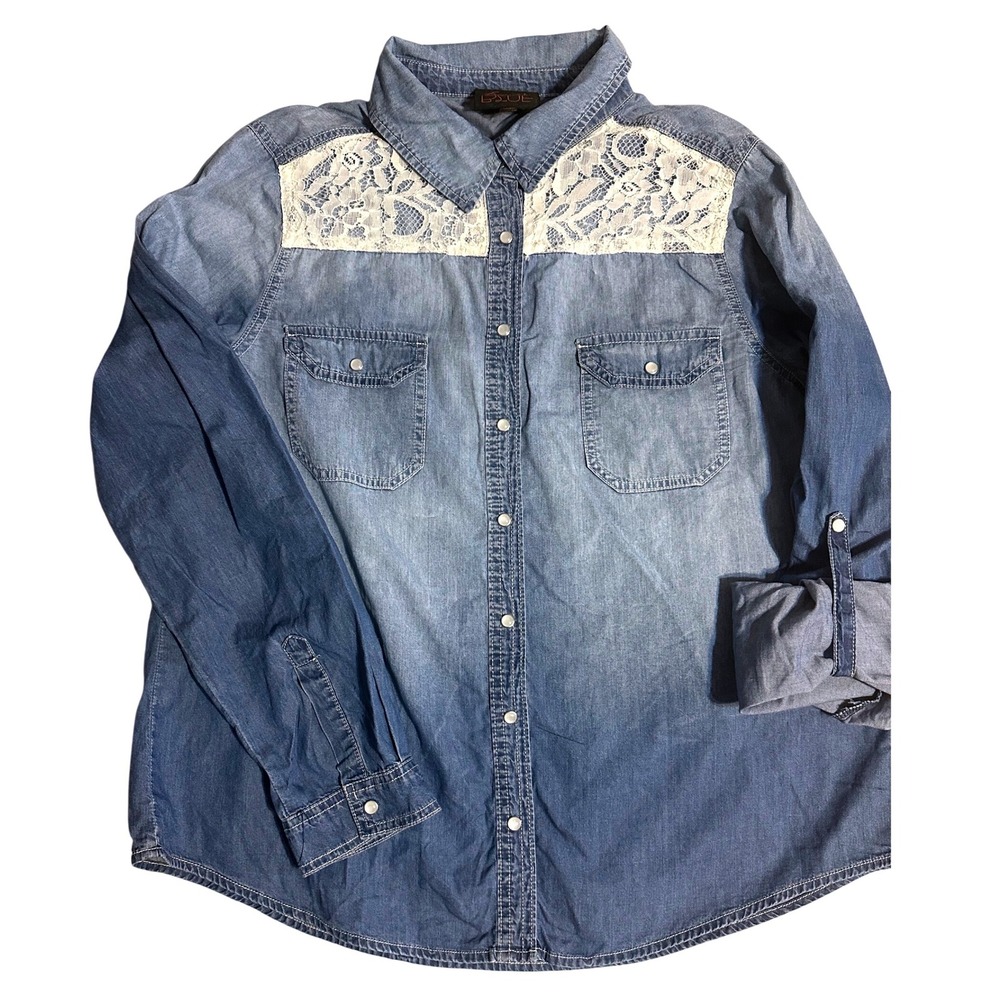 French Blue Denim Lace Yoke Ombre Snap Front Western Shirt Large
